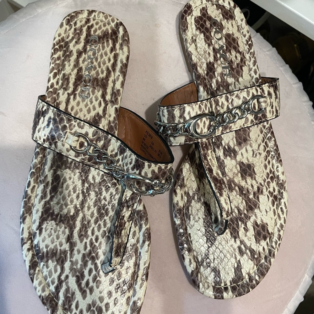 Coach Snake Print Sandals with Chain Detail